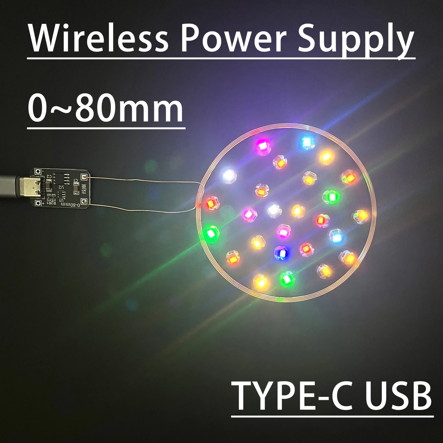 0~80mm Induction Wireless Power Supply Transmitter Coil Module TYPE-C USB DC 5V + 5pcs Wireless Receiver Led Lamp