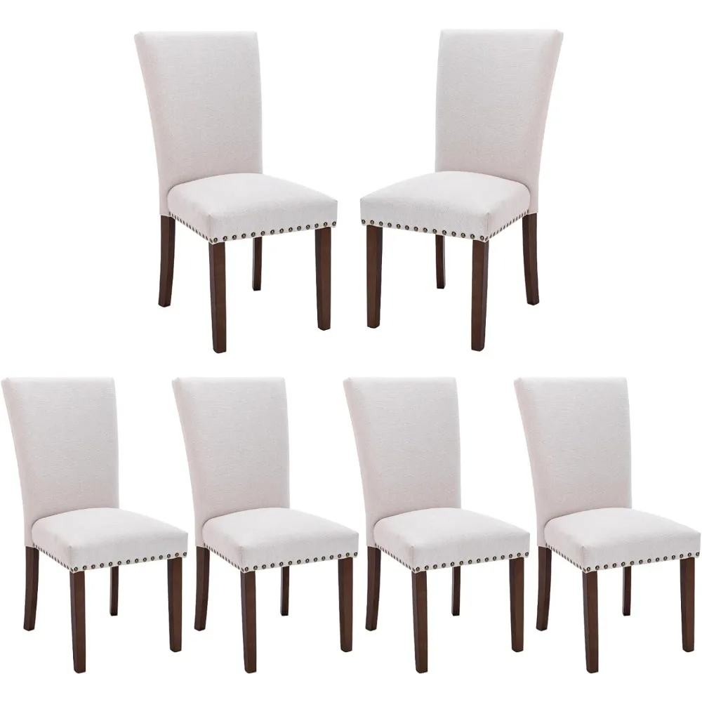 

set of 6 upholstered dining chairs: high-back padded with nailed trim and solid wood legs, classic parsons style side chairs