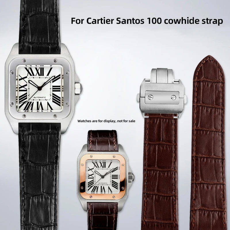 20 23mm Black brown cowhide watchstrap For Cartier santos 100 series men's women's leather watch band folding buckle accessories