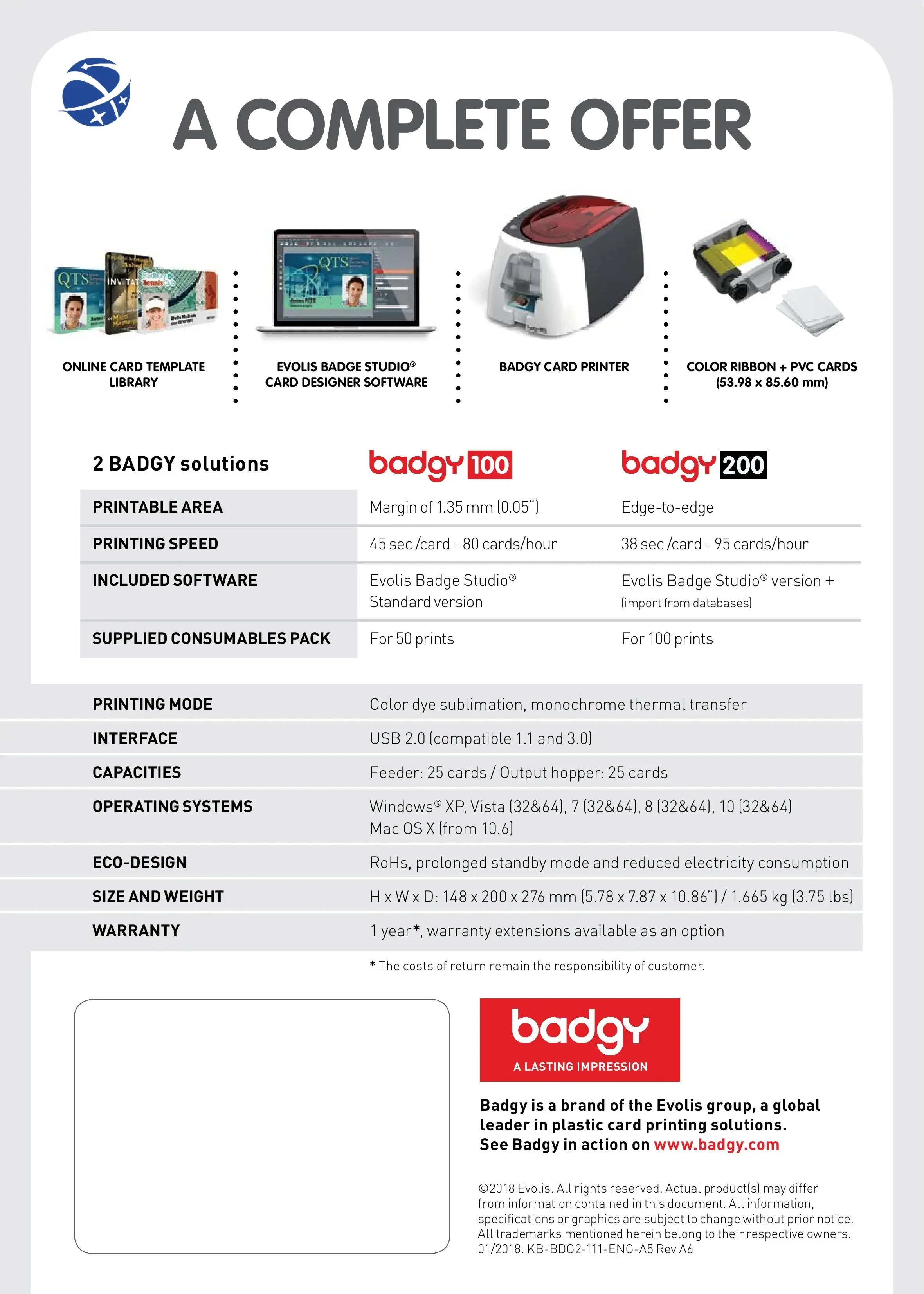 The Best Price Evolis Badgy100 ID Card Printer Black/ Color Thermal Printer