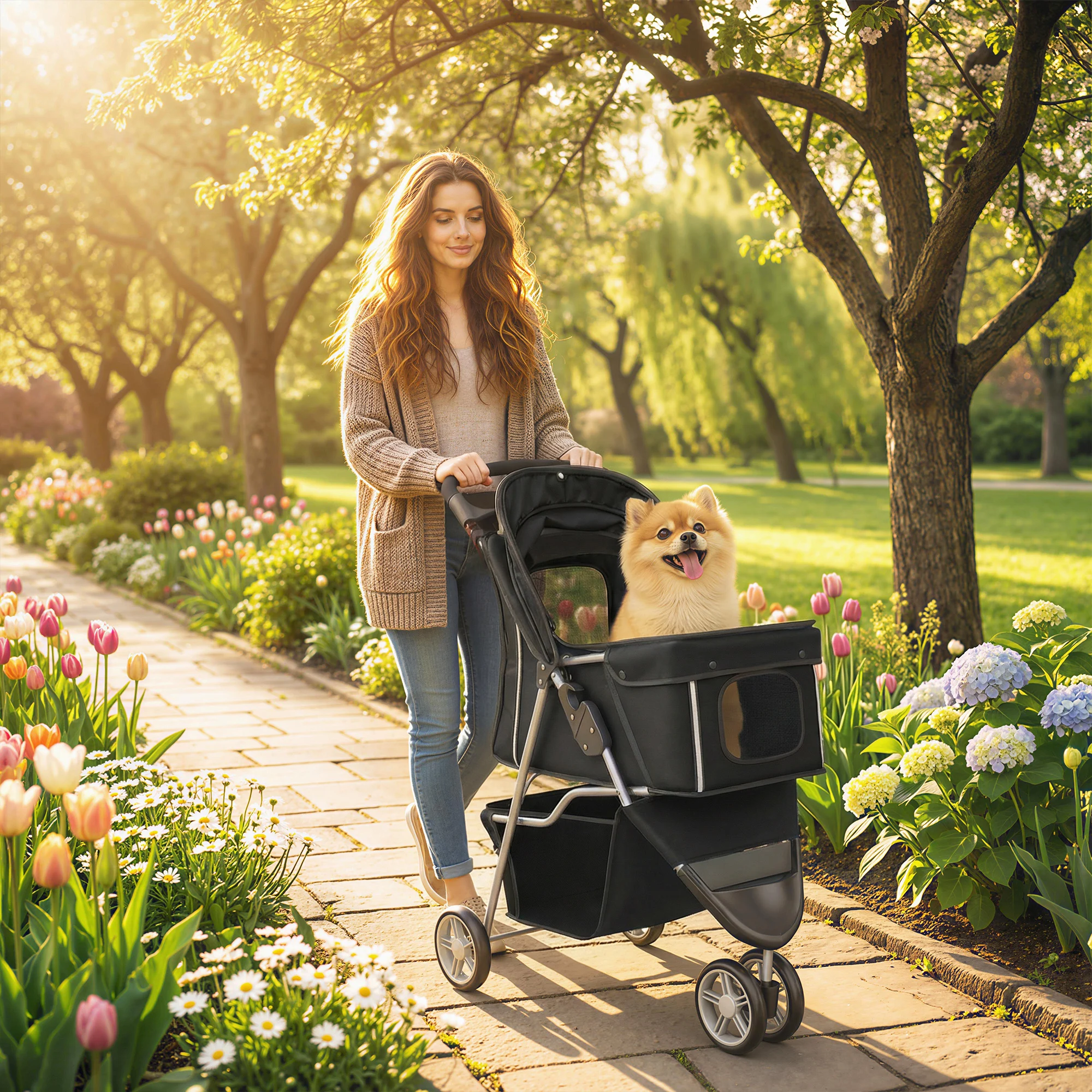 PawHut hondenkar Opvouwbare hondenbuggy tot 10 kg opbergkar Kussen Netvenster