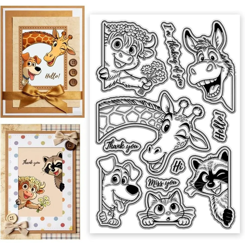 Wacky Animals Clear Stamp Peeking Animals Highland Cattle Clear Stamps for DIY Scrapbooking Card Making Photo Album 4.3x6.3 inch