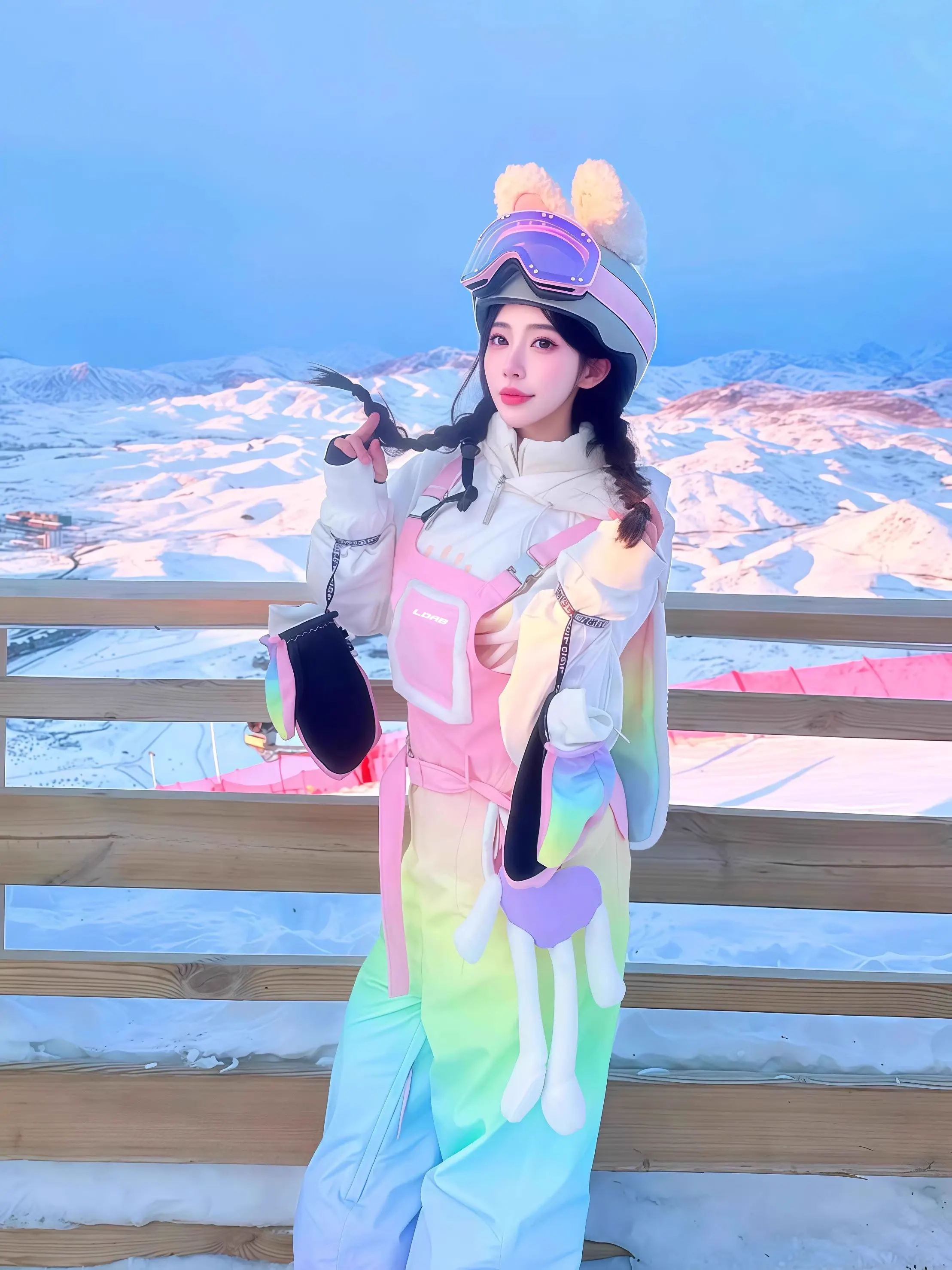 Conjunto de Agasalho de Inverno para Mulheres Color adient, para Neve e Frio, Moderno, com Jaqueta de Algodão de Manga Longa e Gola Redonda e Calça