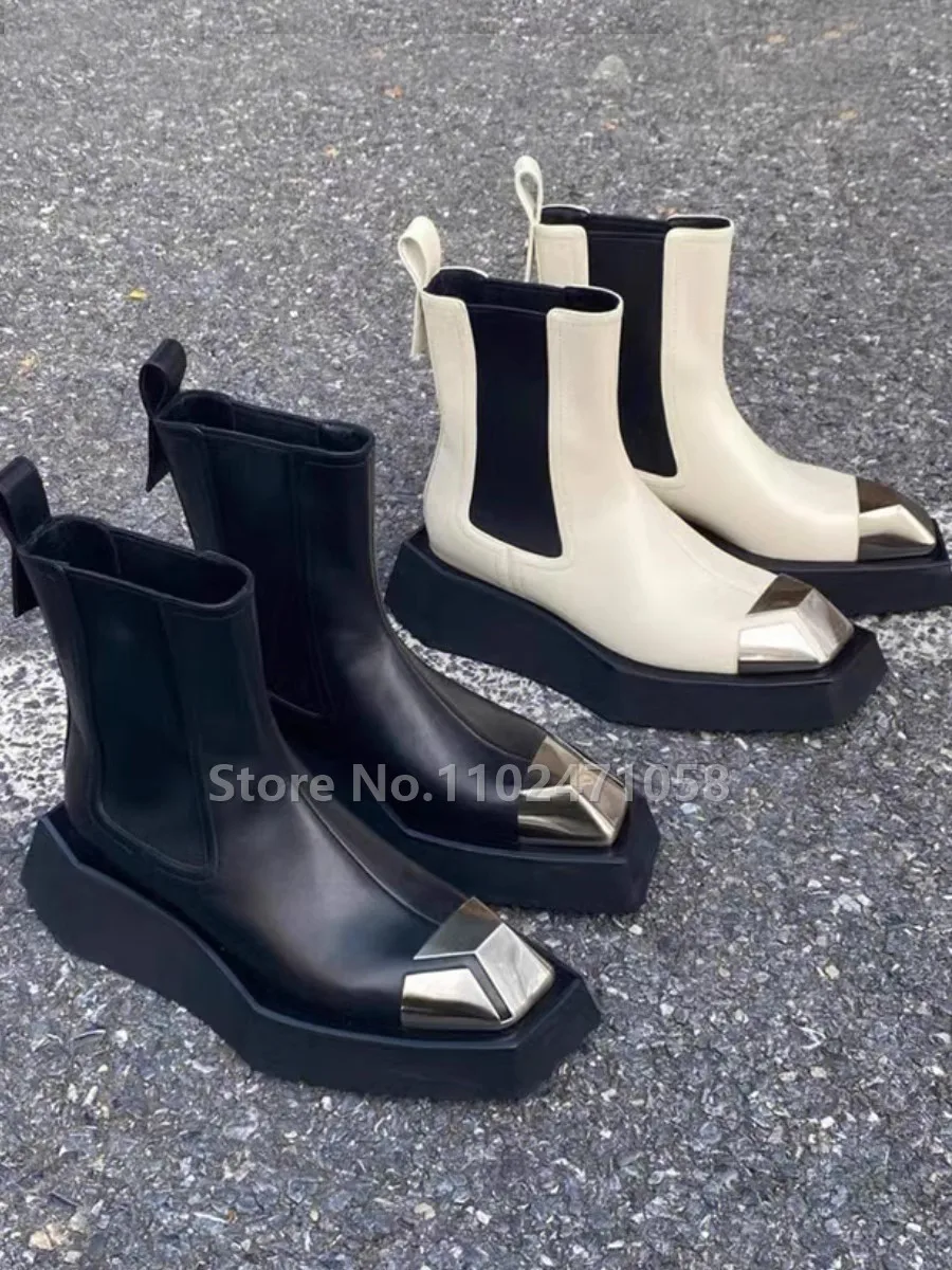 Fashion Metal Splicing Chunky Bottom Women Boots Square Toe Wedges Slip-On Chelsea Boots Female Height Increasing Winter Shoes