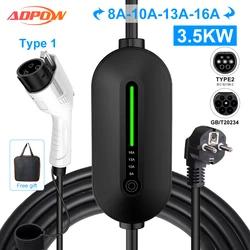 ADPOW Portable 16A EV Charger Type2 3.5KW EVSE Charging Box GBT J1772 Type 1 Electric Car Charging Accessories CE Certification