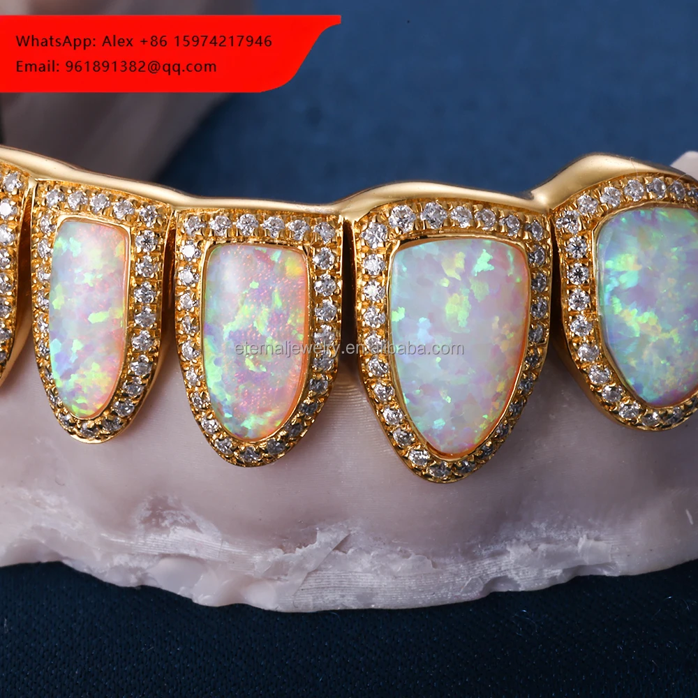 

Индивидуальные женские и мужские грилзы из серебра S925, 10K, 14K, 18K, цельного золота, с желтым лабораторным опалом, инкрустированные VVS муассанитом и бриллиантами, для зубов