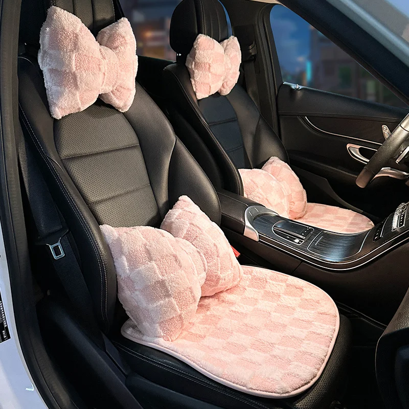 2023 Ins Fashion Bowknot Creative Plush Bowknot Lattice Car Interior Ornaments Car Waist Neckpillow Headrest