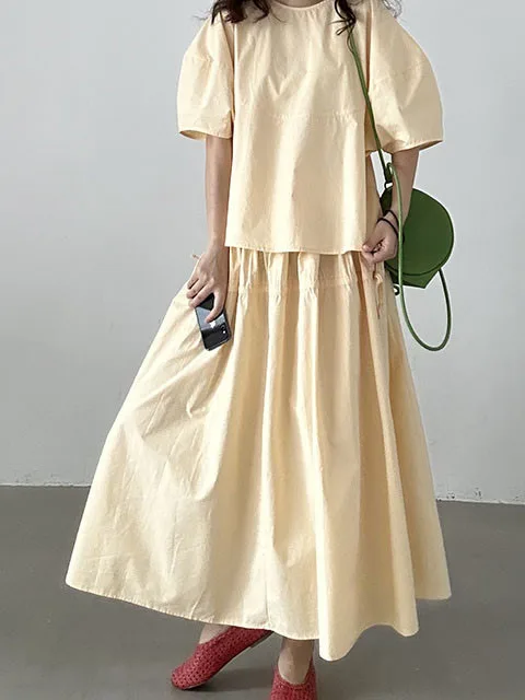 

Retro Loose Bubble Sve irt Women's Summer New High Waist Pleated A-Line Skirt Set Faionable Ele Ensemble