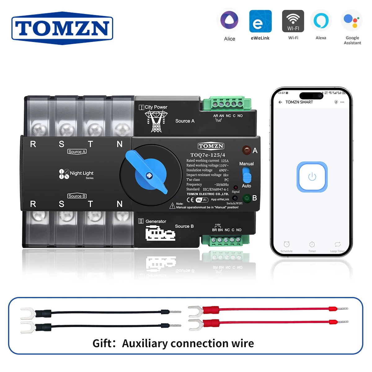 

TOMZN 110V 120V Three Phase WIFI smart ATS Dual Power Automatic Transfer Selector Switch Uninterrupted 4P UPS eWeLink Din Rail