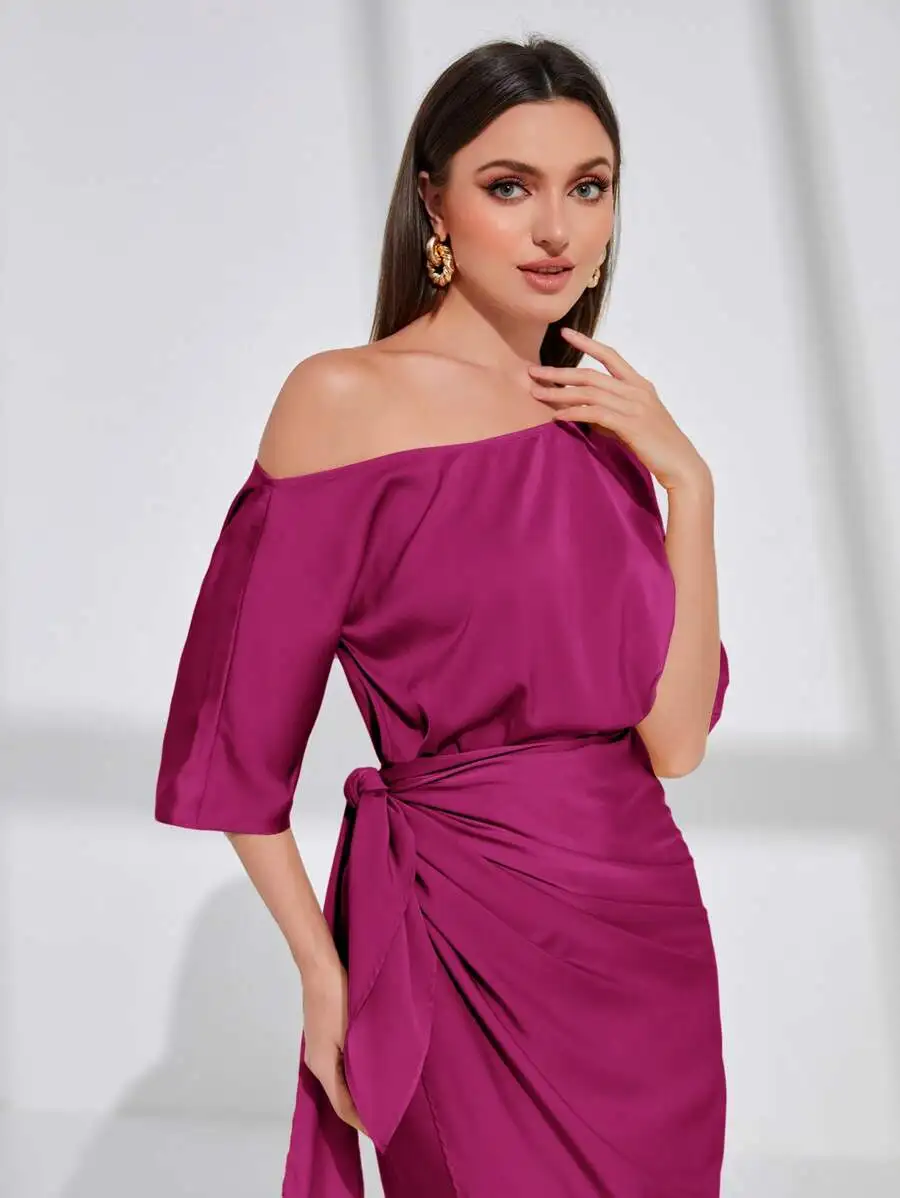 

Off Shoulder Batwing Sleeve Wrap Satin Dress For Holiday Party Evening Wear