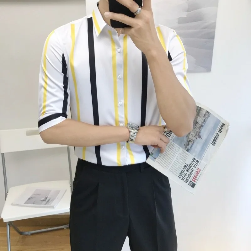 

Men's Summer Striped Shirt Slim Fit Casual Short Sleeve Button Down Shirt Trendy Streetwear Spring Autumn Tops