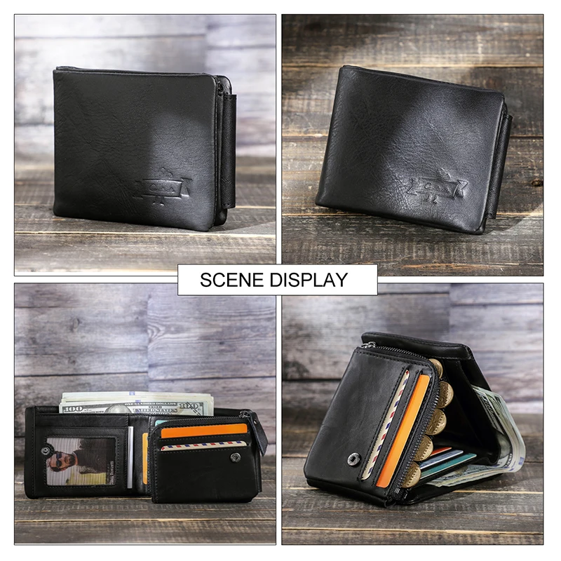 CONTACT\'S Genuine Leather Men Wallet Vintage Trifold Hasp Wallet Zipper Coin Purse Card Holder Money Clip Men\'s Wallets