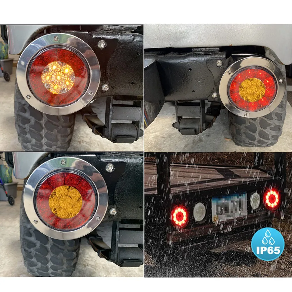 Leading-Edge-2X 4 Inch 16 LED Round Truck Trailer RV Brake Stop Turn Tail Signal Light Red Amber Chrome Waterproof 12-24V