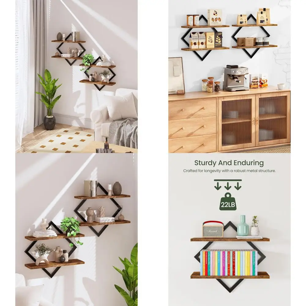 

Pair of Rustic Brown Floating Shelves, 2-Tier Wall Mount, Suitable for Home, Office, and Study TBJ01P2BF