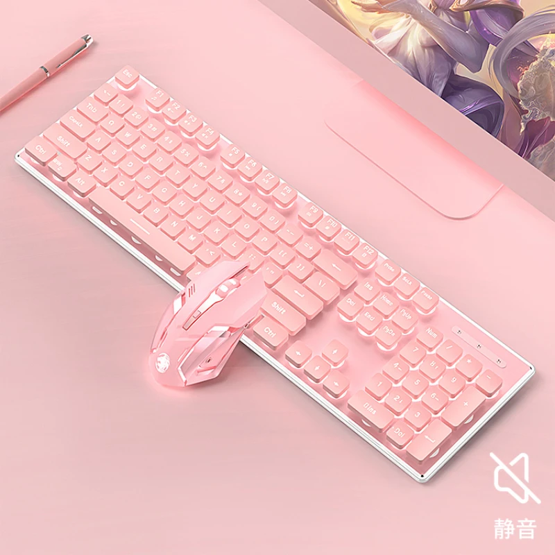 Wireless keyboard and mouse set with mechanical touch pink female mute keyboard and mouse