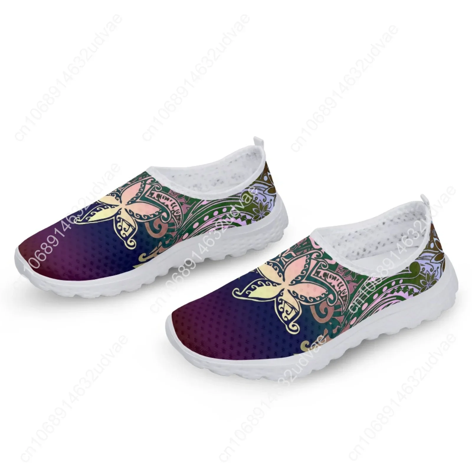 Tribal Polynesian Plumeria Flower Prints Flat Shoes for Women Light Slip-on Casual Loafers Summer Cool Mesh Sneakers