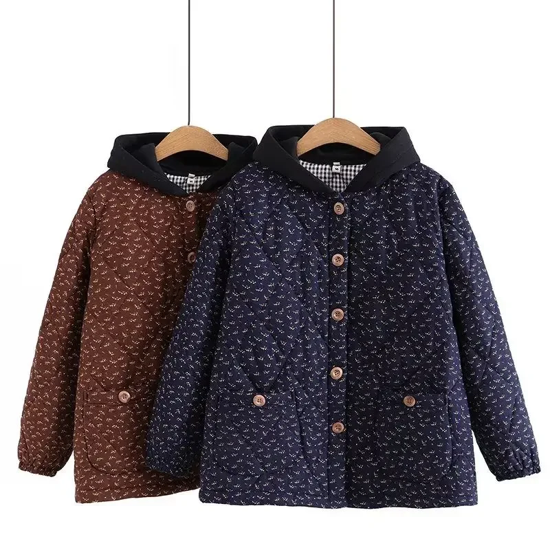 

Стеганая куртка большого размера, женская хлопковая одежда, свободное стеганое повседневное пальто с капюшоном и цветочным принтом в стиле ретро, верхняя одежда XQ51