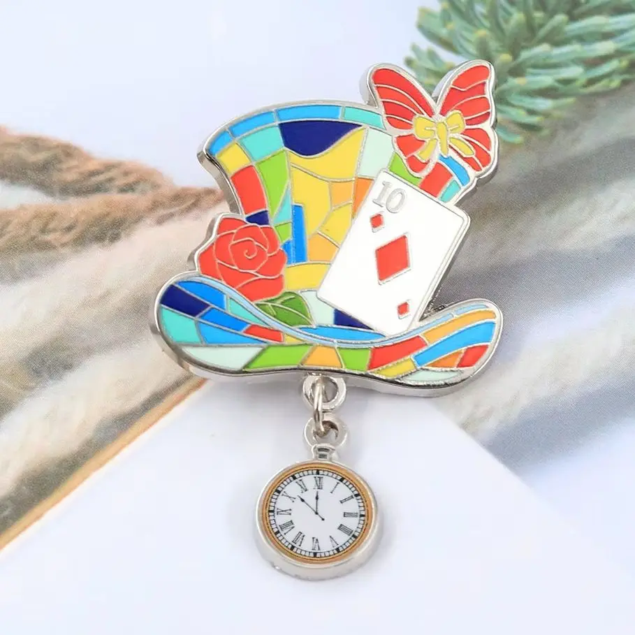 Colorful Poker Hat Enamel Pins Creative Top Hat with Dangle Pocket Watch Brooches Fairy Tale Badge Lapel Pin Gift
