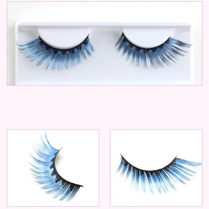 1 pairs colorful blue black staining natural false eyelashes cross exaggerated stage false eye Lashes makeup tool R011