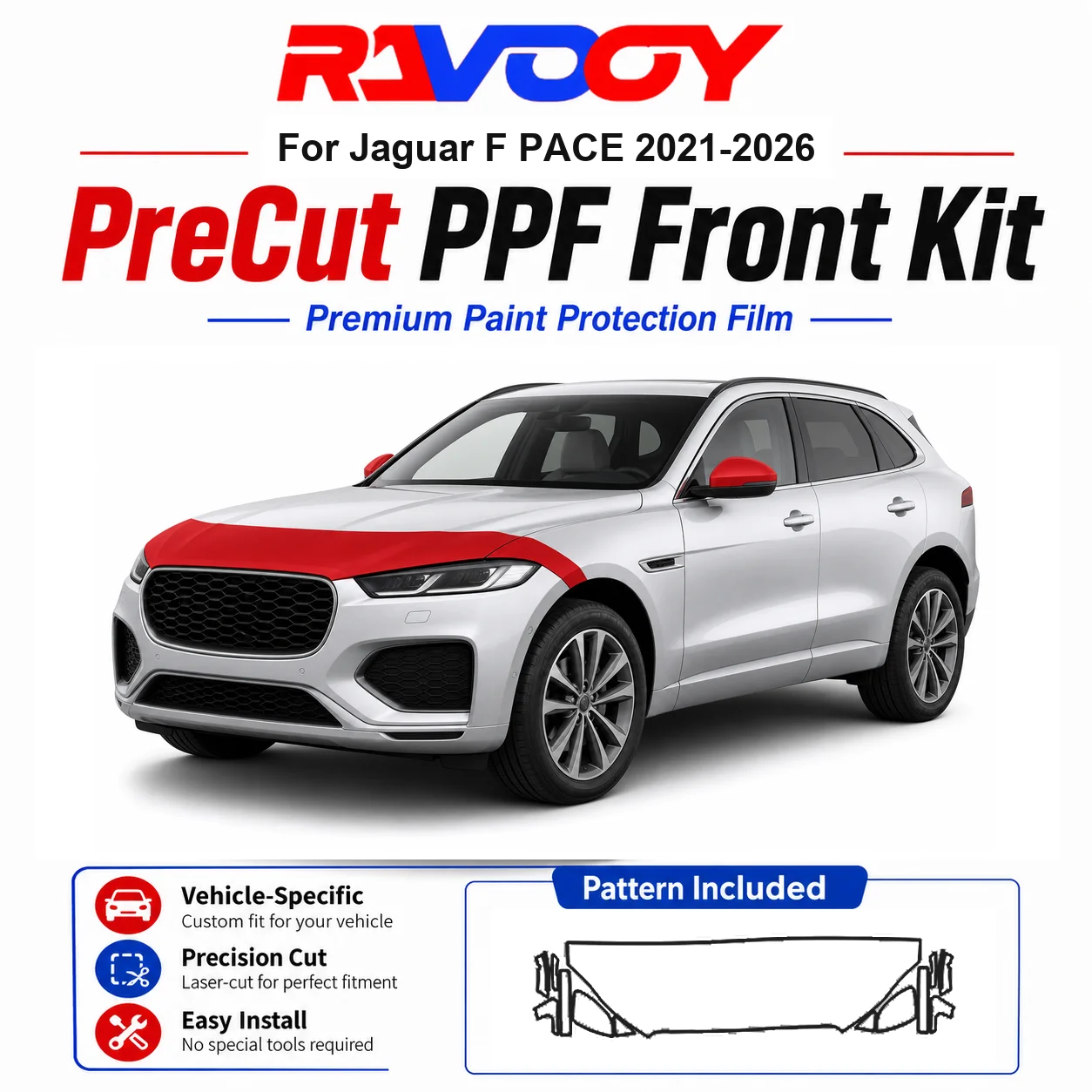 

8.5mil TPU Precut PPF Kit For Jaguar F PACE 2021-2026 - Hood, Fenders & Mirror Set - Self-Healing Clear Bra Film