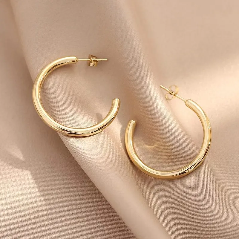 30/40/50mm C Shape Stainless Steel Hoop Earrings for Women Classic 14K Gold Plated Large Thick Hoop Earrings Fashion Accessories