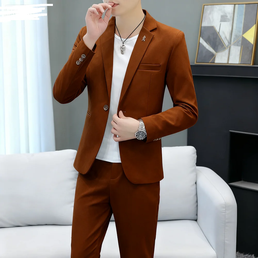 بدلة رجالية مكونة من قطعتين بقصة ضيقة فستان خريفي كاجوال للأعمال بلون سادة مع سراويل متضمنة مجموعة كاملة من ملابس تراباجو للرجال #2