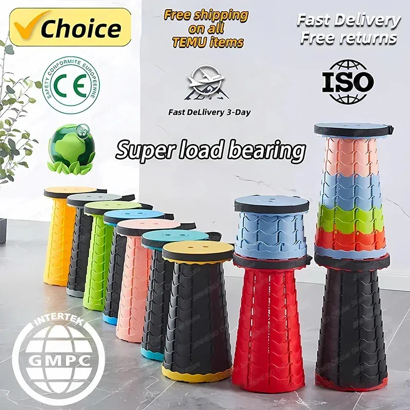 Folding Stool Heavy Duty Collapsible Telescoping Stool with Load Capacity 400lbs, Portable Retractable Stool for Camping Fishing image 2