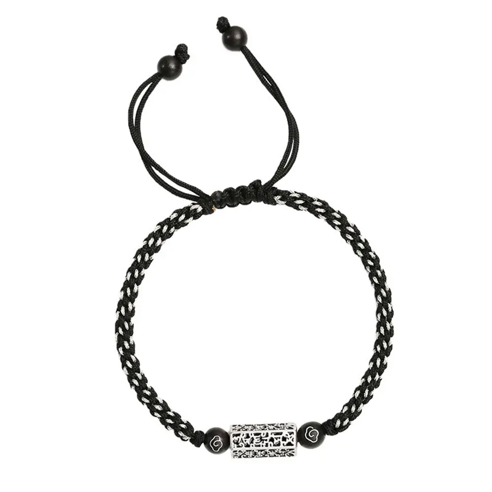 Real 999 Fine Silver Sutra Tube Handmade Black White Cord Bracelet 15.5cm+8cm L