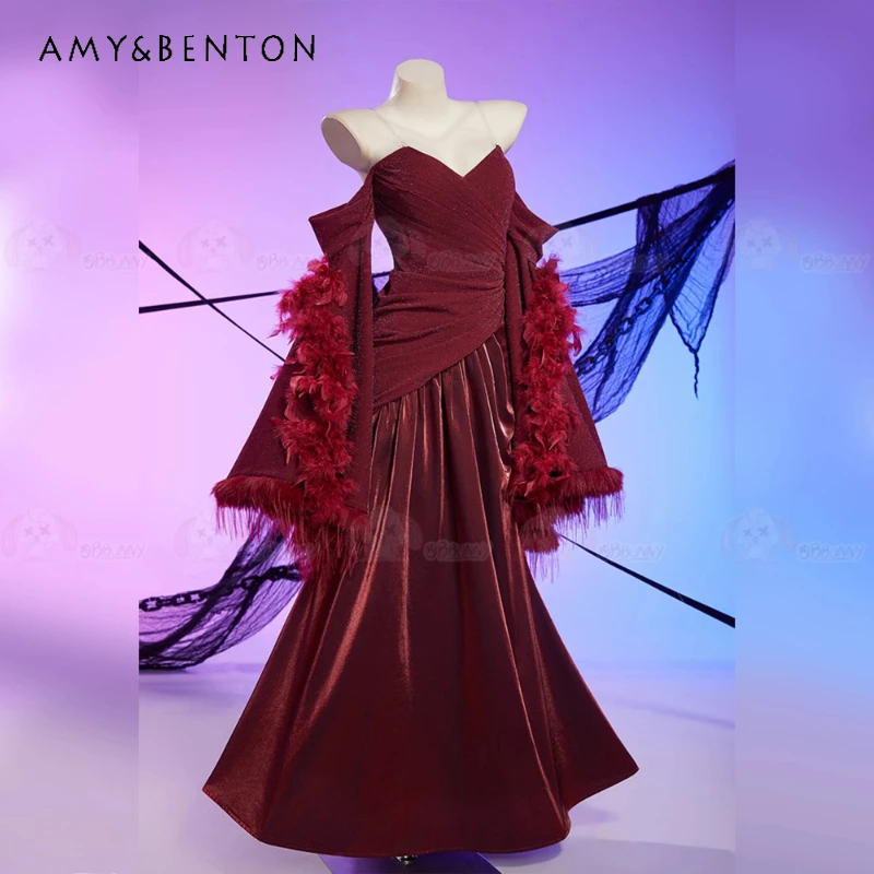 

Christmas Red Women's Dress 2025 Autumn Winter New Design Furry Splicing Sweet Cool Sexy Sleeveless Sling Long Dresses Ladies