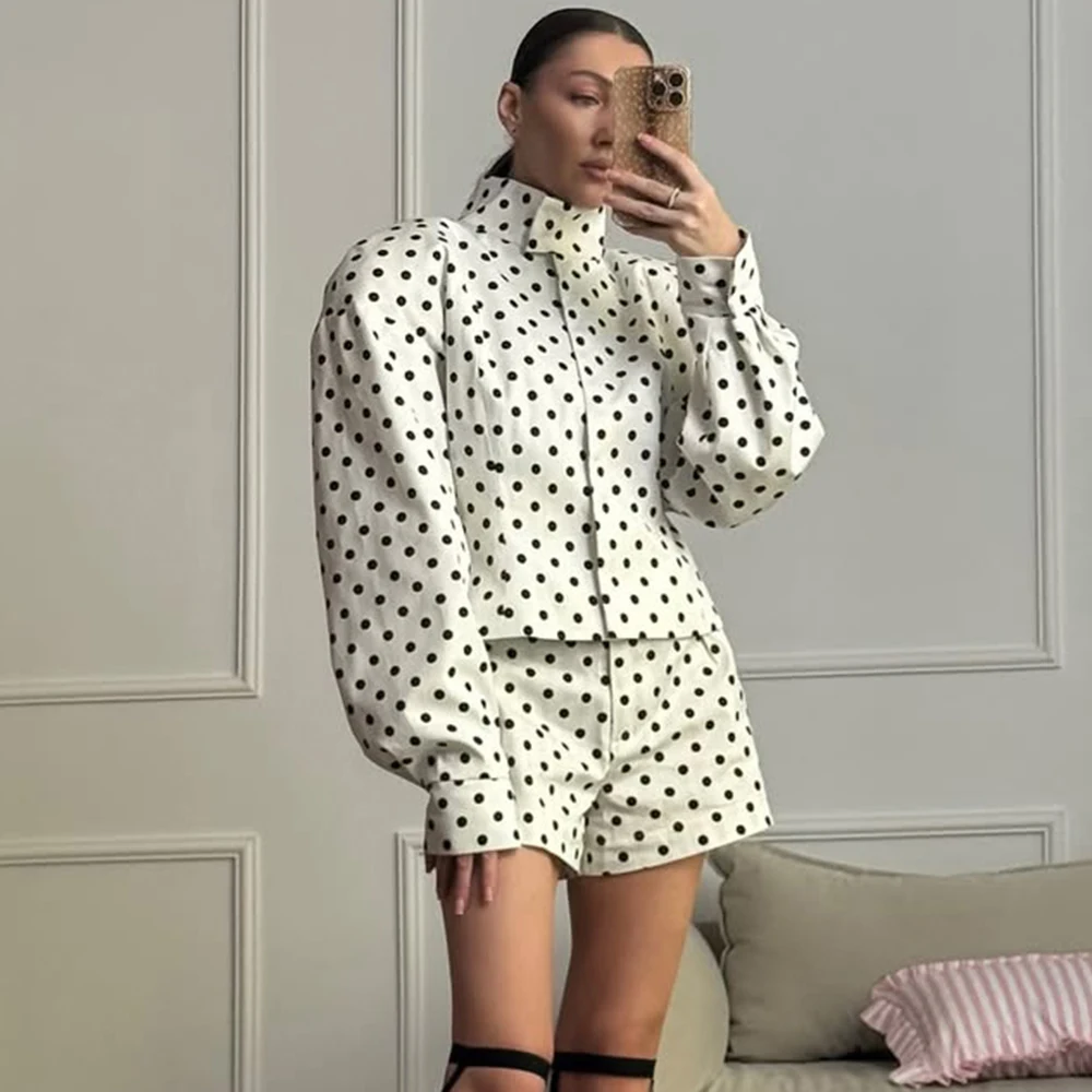 

Ticketsx Polka Dots Short Set Women's Stand Collar Single Breasted Top High Waist Short Set Female Casual Loose Commuter Outfit