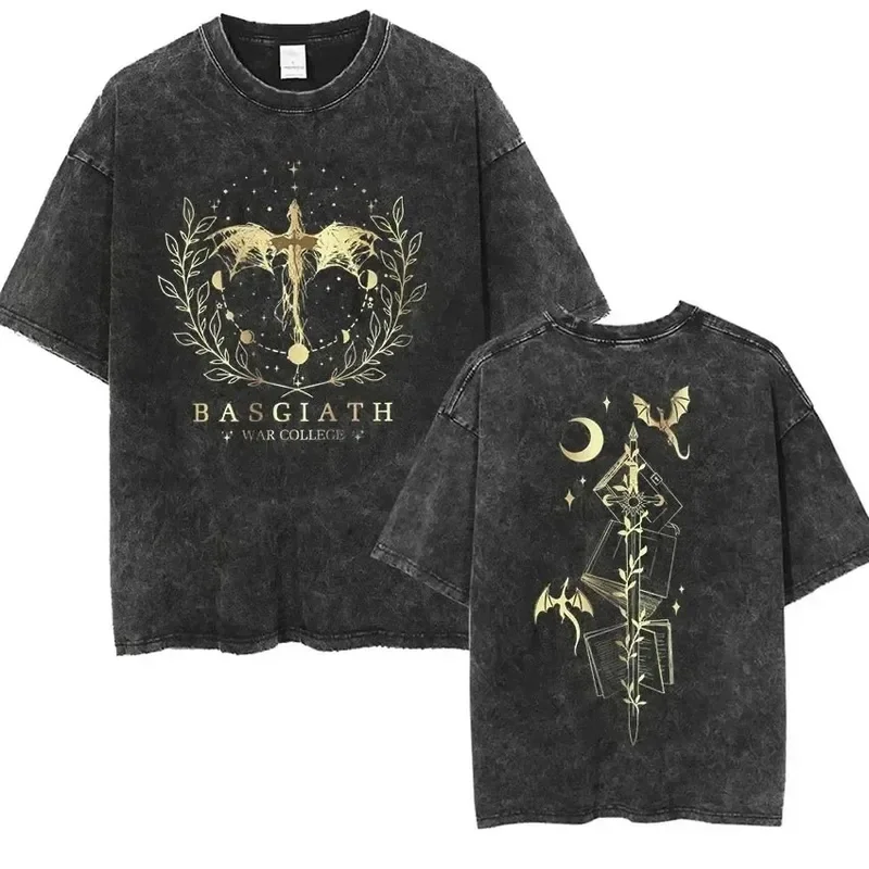 Basgiath War College Vintage Washed T Shirt Fourth Wing Dragon Rider Aesthetic Clothing T-shirt Men Women Fashion Oversized Tees