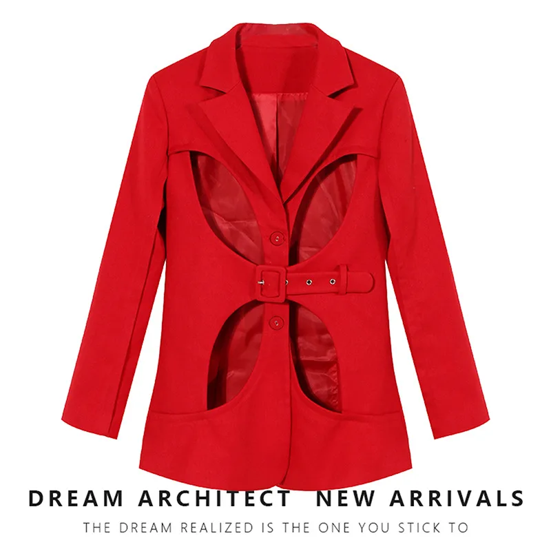 Ladies Women Suit Blazer Jacket With Belt Sexy Hollow Female Business Work Wear Long Sleeve 1 Piece Coat