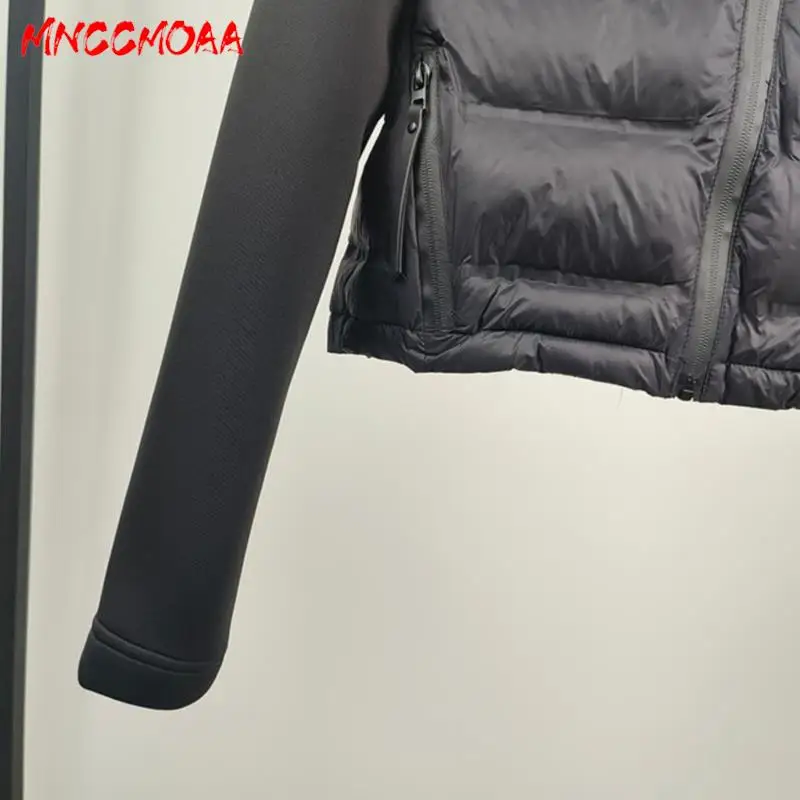 MNCCMOAA 2023 Winter Women Fashion Stand Collar Splicing Zipper Parkas Female Solid Color Casual Long Sleeve Pockets Outerwear