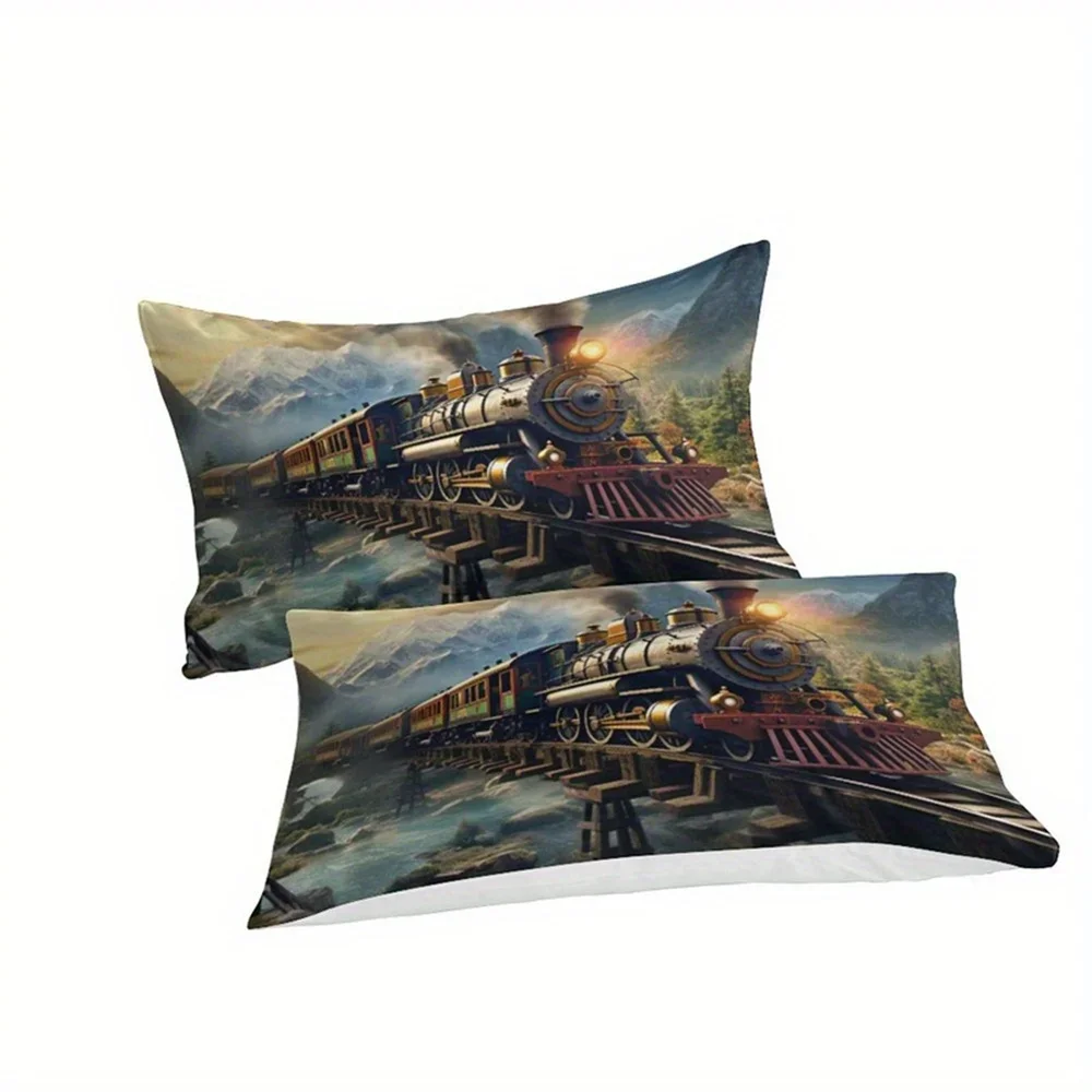 3D Steam Locomotive Train Duvet Cover Set with Pillowcases, 2/3 Piece Polyester Bedding Set No Duvet Insert - Digital Print