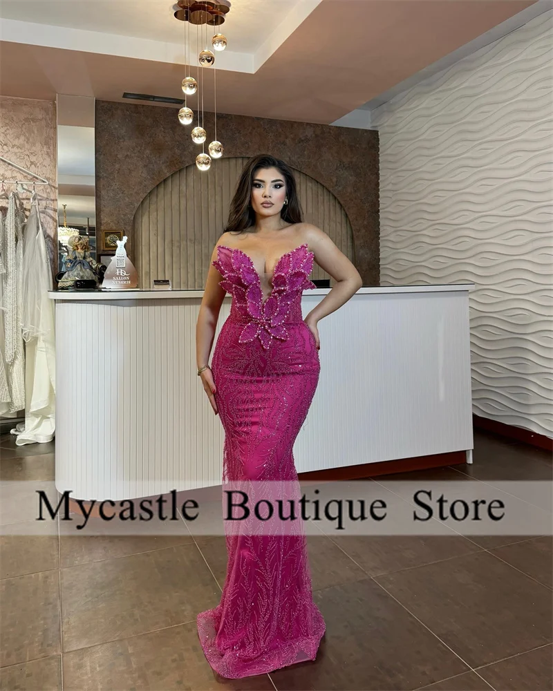 Hot Pink Lace Beaded Mermaid Evening Dresses Women 2025 Elegant Appliques Sweetheart Birthday Party Dress Customized