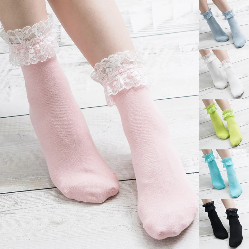 New Fashion Vintage Lace Ruffle Socks Frilly Ankle Socks Ladies Princess Girl Favorite Solid Color Available Cotton Socks Sweet