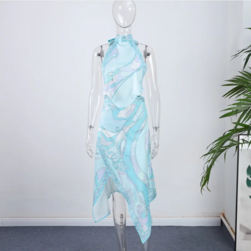 

Sexy Printed Halter Top Irregular Skirt Set Women Fashionable Sleeveless Backless Shirt High Waist Skirt Suit Lady Chic Casual z