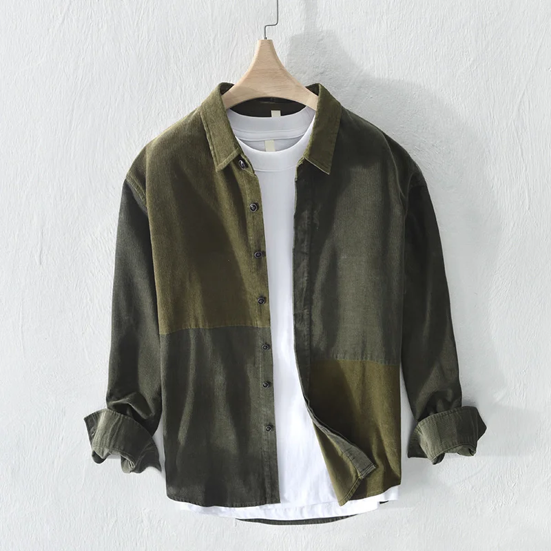 2022 Spring Army Green Corduroy Shirt Men Vintage Casual Long Sleeve Shirt Male camisa hombre Laple blouse Colorblock Tops