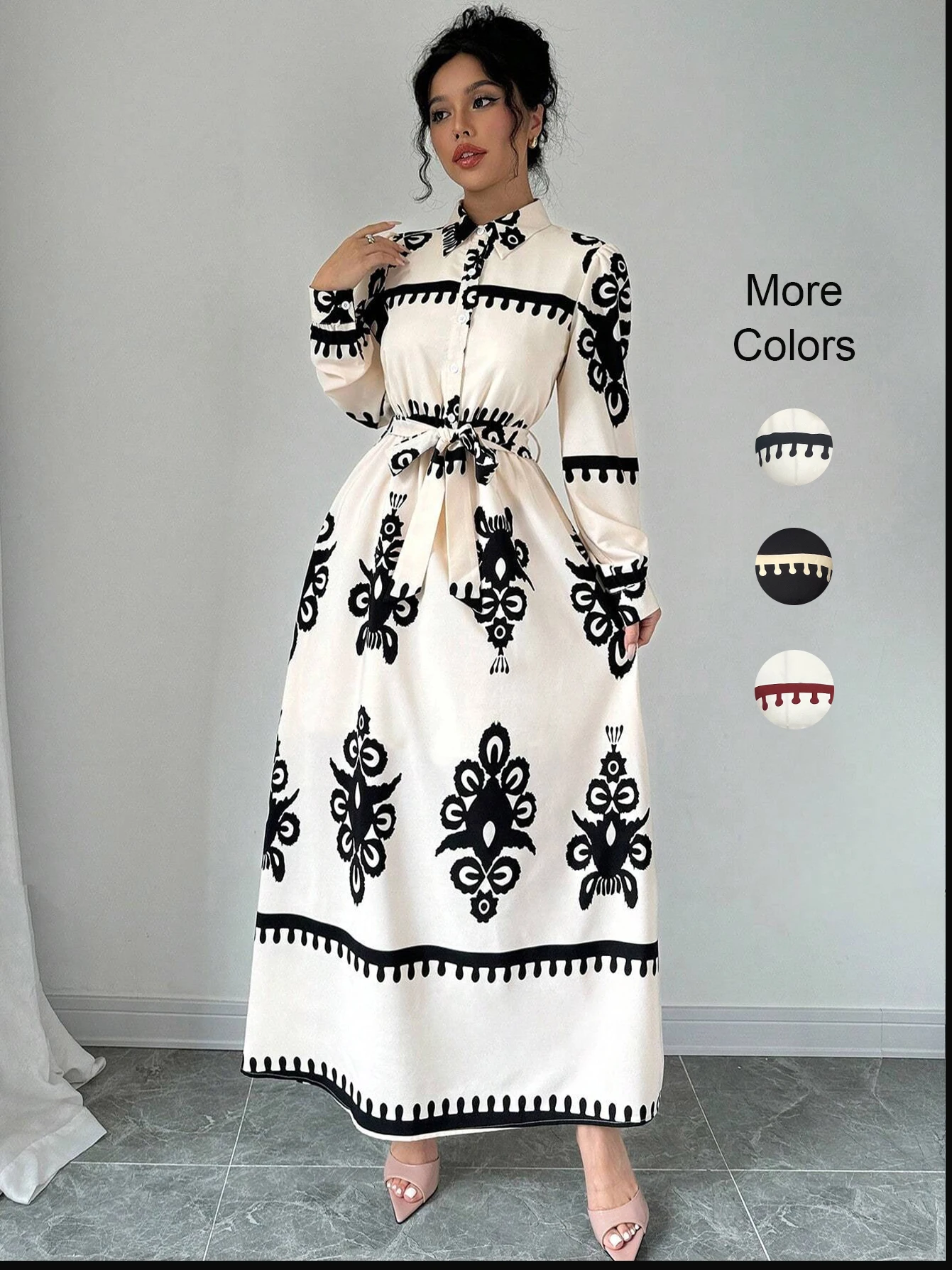 Damen-Hemdkleid mit Aufdruck, langärmeliges Büroarbeitskleid mit Taillenband