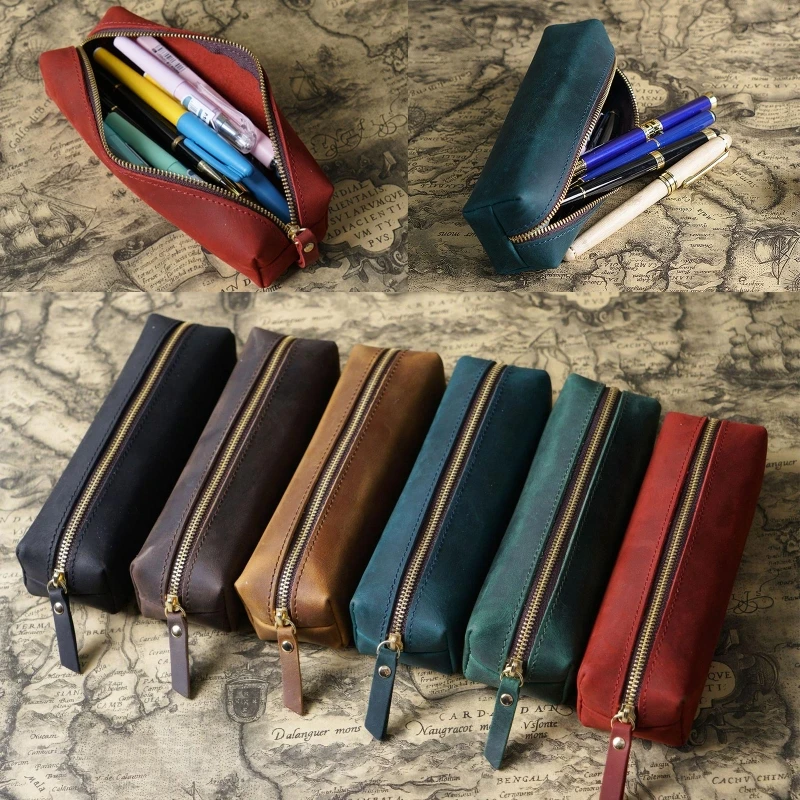 빈티지 가죽 펜 케이스 홀더, 마커 연필 파우치, 메이크업 정리 지퍼 문구 가방, 친구, 대학생, 성인