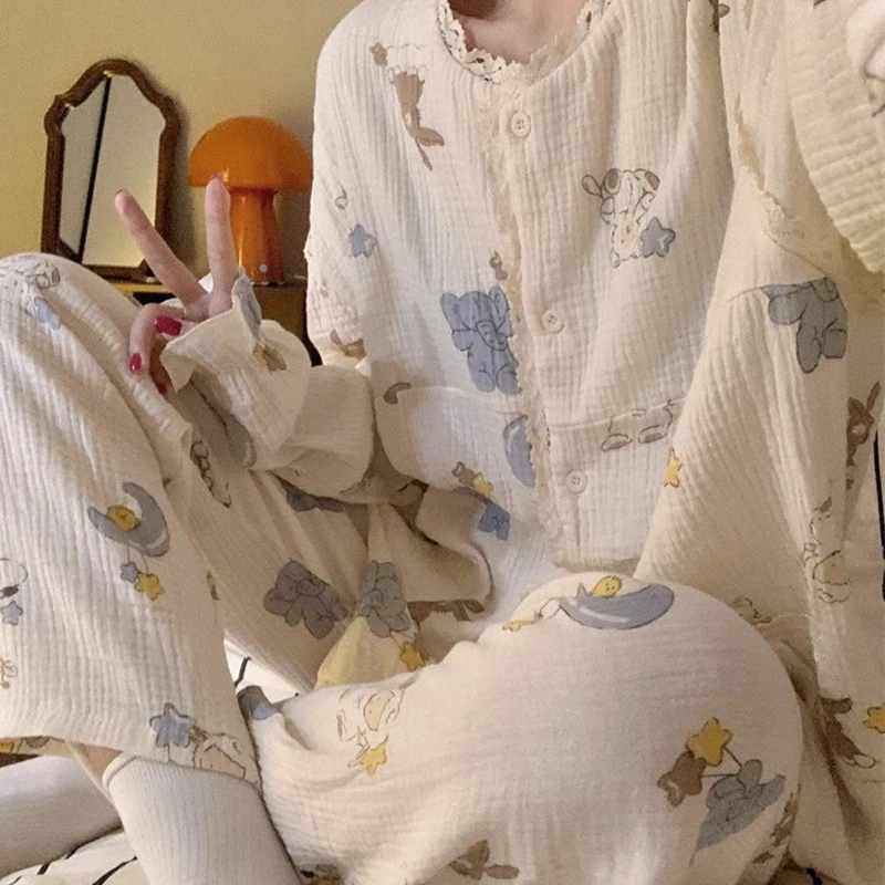 Pijamas de mujer nuevo otoño primavera manga larga conjunto de ropa de dormir suave pijama de dibujos animados a rayas mujer ropa de dormir de casa conjunto cárdigan