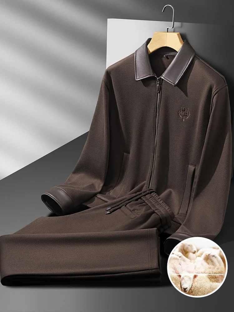 

Men's Winter Thiened Fce Lined Woolen Zipper Open Cardigan Jaet Casual Two-Piece Set High End Leisure Suit for Middle-...