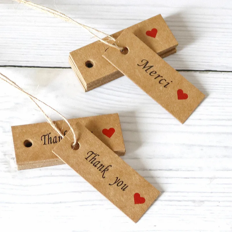 100pcs Kraft Paper Tags Handmade with Love Thank You Merci Tags Labels Wedding Birthday Christmas Party Supplies Gift Packaging