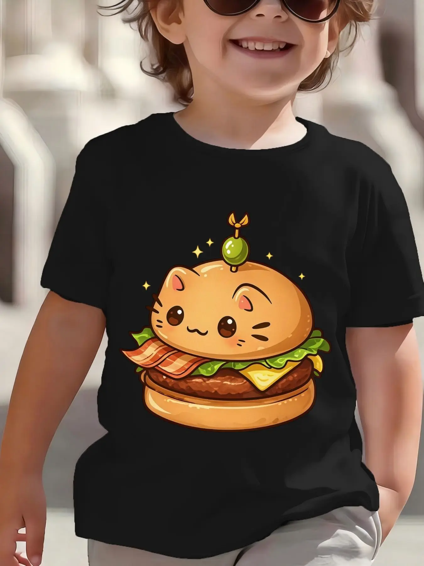 Kids Cute Cat Shaped Burger Food Graphic Tee Boys Girls Family Matching Short Sleeve Lovely Cartoon Casual Daily Wear T Shirt