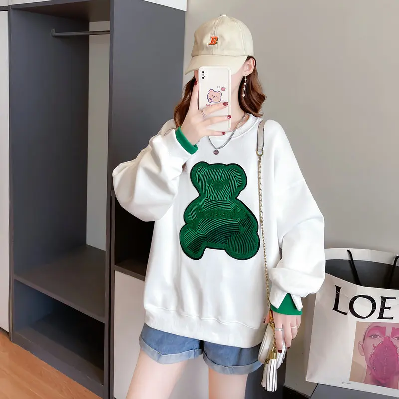 Women\'s Cotton Hoodies O-neck Loose Thin Sweatshirt Korean Girls Cute Bear Embroidery Oversized White Black Bottom Pullovers