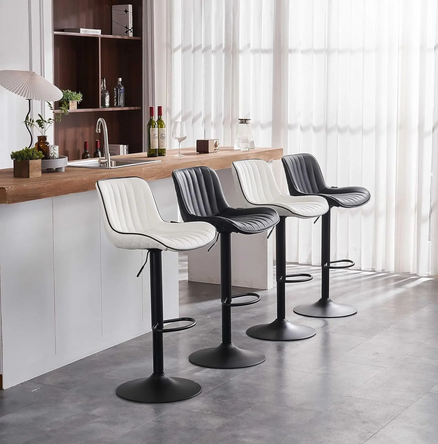 YOUNIKE Bar Stools Set of 2 White Counter Height Barstools with Backs Swivel High Faux Leather Kitchen Island Bar