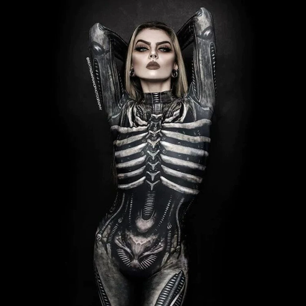 Horror Cosplay szkielet kombinezon kostiumy na Halloween szczupłe ciało ludzkie kobiety Zentai czaszka duch obcisły garnitur karnawał element ubioru impreza