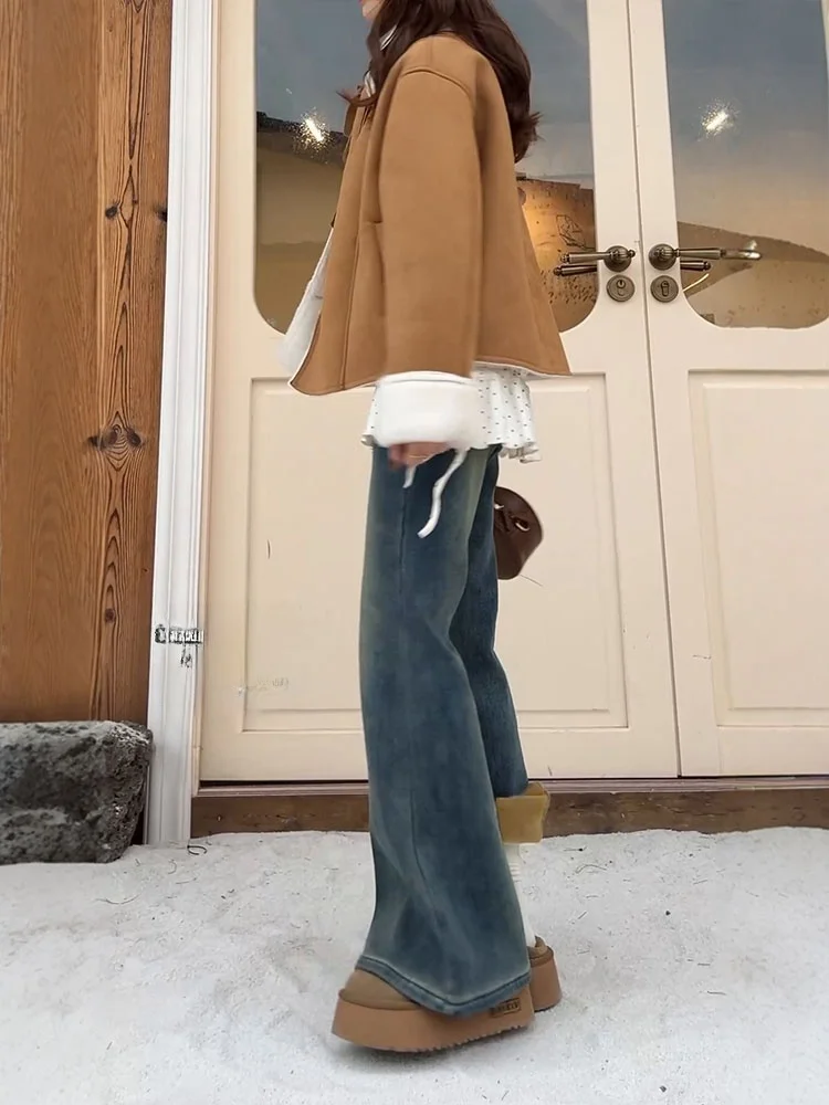 레트로 블루 페이스라이닝 플레어 진 여성용 신축성 높은 하이웨이스트 슬림 부츠컷 팬츠 캐주얼 코튼 블렌드 데님