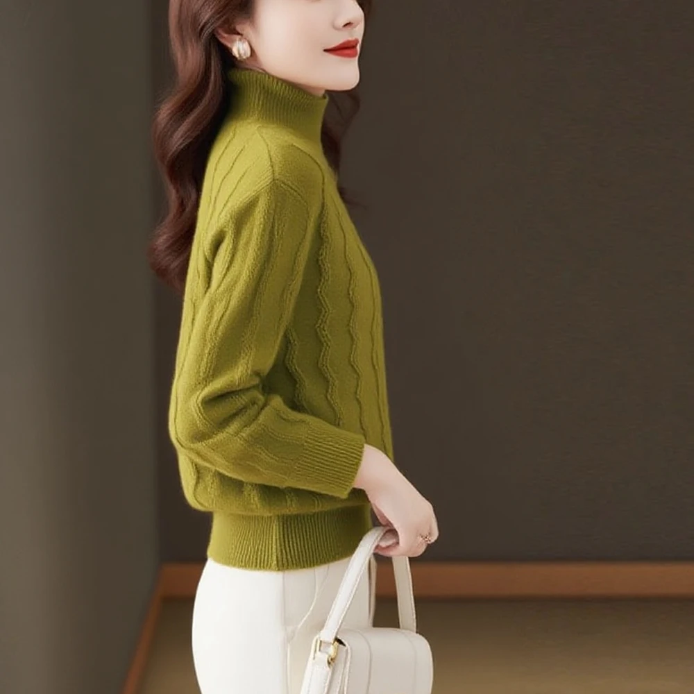 

Women's Serrated Pattern Elastic Knit Shirt Pullover Sweater Fall Solid Long Sleeve Semi-high Neck Sweaters Leisure Top Clothes