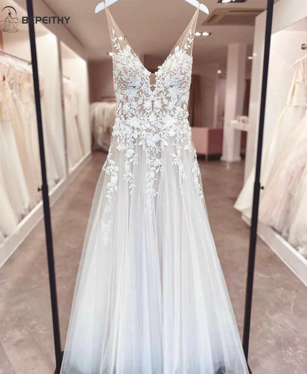 beach wedding dresses ivory Elegant Ivory Mermaid Lace Appliques Tulle Wedding Dresses, Beach Bridal Dress trendtydresses